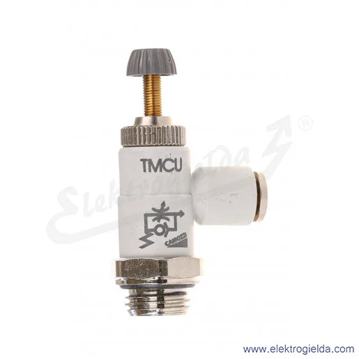 Zawór dławiąco- zwrotny TMCU 974-1/4-6, G1/4, Fi 6, 0.5-10 Bar, 400 l/min, dławienie na wylocie, regulacja śrubą radełkową lub k Zawór dławiąco- zwrotny TMCU 974-1/4-6, G1/4, Fi 6, 0.5-10 Bar, 400 l/min, dławienie na wylocie, regulacja śrubą radełkową lub k
