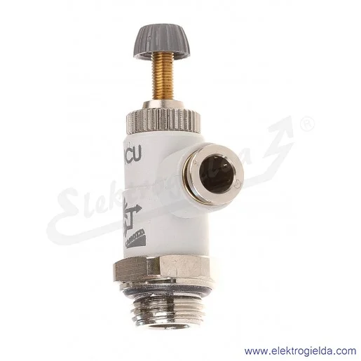 Zawór dławiąco- zwrotny TMCU 974-1/4-6, G1/4, Fi 6, 0.5-10 Bar, 400 l/min, dławienie na wylocie, regulacja śrubą radełkową lub k Zawór dławiąco- zwrotny TMCU 974-1/4-6, G1/4, Fi 6, 0.5-10 Bar, 400 l/min, dławienie na wylocie, regulacja śrubą radełkową lub k