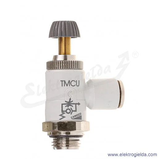 Zawór dławiąco- zwrotny TMCU 976-1/4-8, G1/4, Fi 8, 0.5-10 Bar, dławienie na wylocie, regulacją śrubą radełkowaną lub kluczem, C