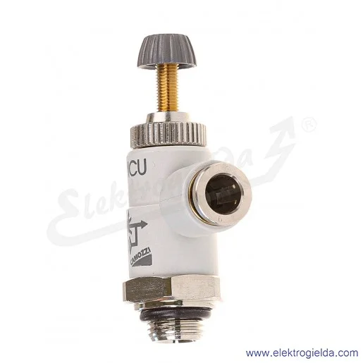 Zawór dławiąco- zwrotny TMCU 974-1/8-6, G1/8, Fi 6, 0.5-10 Bar, 550 l/min, dławienie na wylocie, regulacja śrubą radełkową lub k Zawór dławiąco- zwrotny TMCU 974-1/8-6, G1/8, Fi 6, 0.5-10 Bar, 550 l/min, dławienie na wylocie, regulacja śrubą radełkową lub k