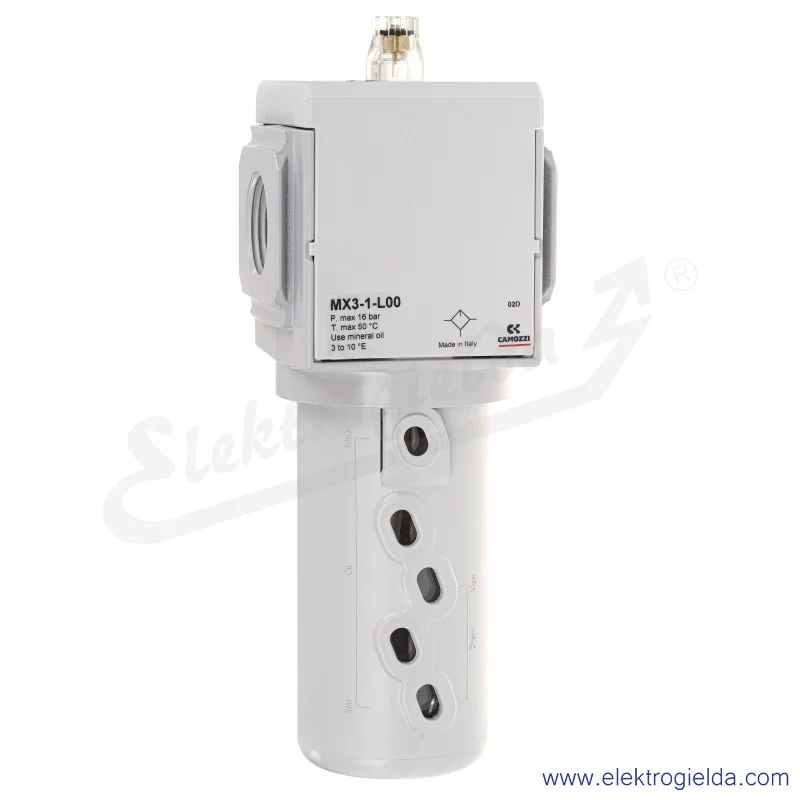 Smarownica MX3-1-L00; G1, 0-16 Bar, miska 170 ml, punkt początkowy 50 l/min, przepływ 12000 l/min, Camozzi Smarownica MX3-1-L00; G1, 0-16 Bar, miska 170 ml, punkt początkowy 50 l/min, przepływ 12000 l/min, Camozzi