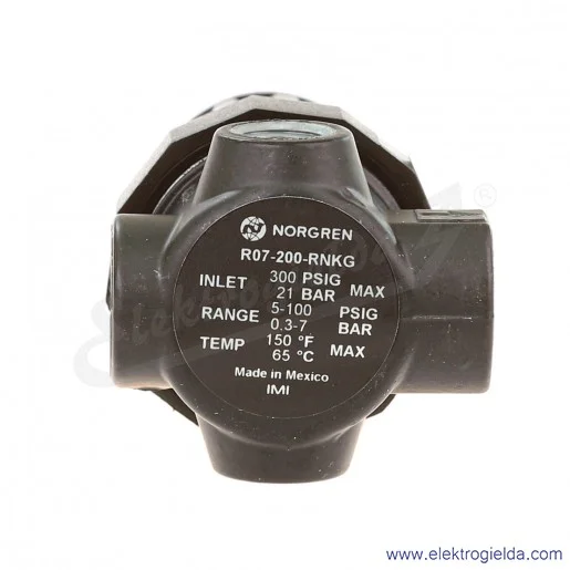 Reduktor R07-200-RNKG, G1/4, zakres regulacji ciśnienia 0,3-7 Bar, przepływ 900 l/min, bez manometru Reduktor R07-200-RNKG, G1/4, zakres regulacji ciśnienia 0,3-7 Bar, przepływ 900 l/min, bez manometru