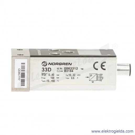 Przekaźnik ciśnienia 0863312, G1/4, 0-40 Bar, sygnał wyjścia 1*PNP, konektor M12, regulacja 0-100% pełnej skali, dokładność ±1,5 Przekaźnik ciśnienia 0863312, G1/4, 0-40 Bar, sygnał wyjścia 1*PNP, konektor M12, regulacja 0-100% pełnej skali, dokładność ±1,5