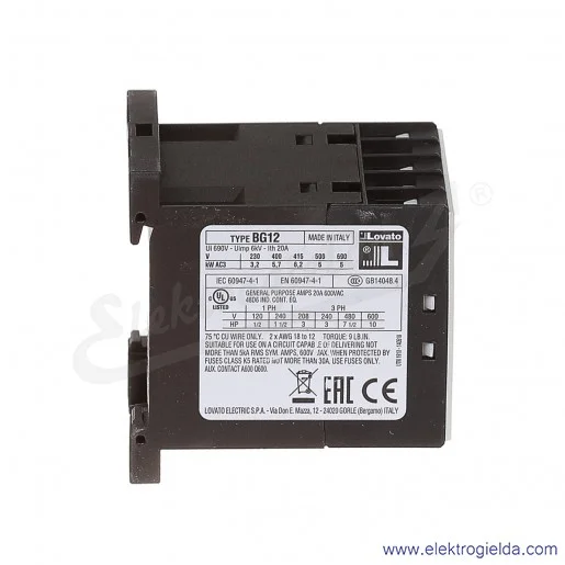 Stycznik BG1201D024 24VDC Ith 20A AC3/400V 5,7KW, 1NC Stycznik BG1201D024 24VDC Ith 20A AC3/400V 5,7KW, 1NC