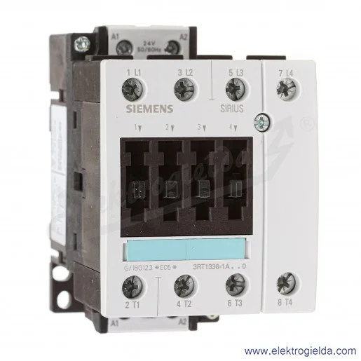 Stycznik 3RT1336-1AC20 AC-1 60A, 24VAC 50/60Hz, 4-polowy, rozmiar S2, zacisk śrubowy Stycznik 3RT1336-1AC20 AC-1 60A, 24VAC 50/60Hz, 4-polowy, rozmiar S2, zacisk śrubowy