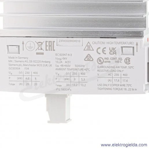 Stycznik półprzewodnikowy 3RF2320-1AA44  AC 51 20 A 40°C, 48-460VAC, 4..30VDC, zaciski śrubowe