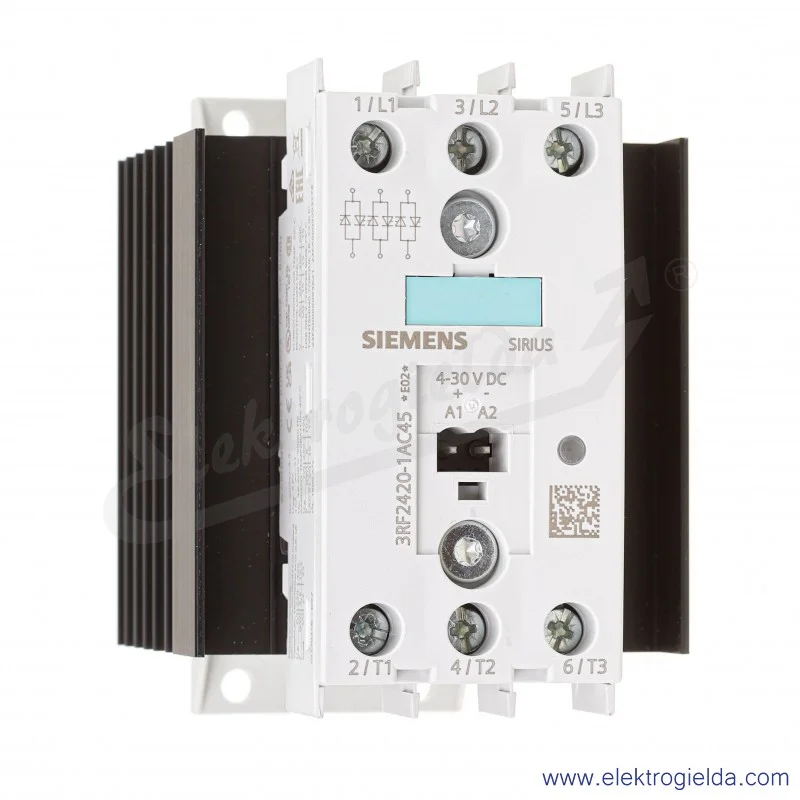 Przekaźnik półprzewodnikowy 3RF2420-1AC45  3-fazowy, 3xNO AC 51, 20A, 40 ST. C, 48-600V / 4-30V DC, zaciski śrubowe, napięcie bl Przekaźnik półprzewodnikowy 3RF2420-1AC45  3-fazowy, 3xNO AC 51, 20A, 40 ST. C, 48-600V / 4-30V DC, zaciski śrubowe, napięcie bl
