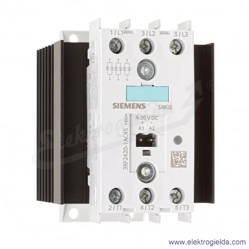 Przekaźnik półprzewodnikowy 3RF2420-1AC45  3-fazowy, 3xNO AC 51, 20A, 40 ST. C, 48-600V / 4-30V DC, zaciski śrubowe, napięcie bl Przekaźnik półprzewodnikowy 3RF2420-1AC45  3-fazowy, 3xNO AC 51, 20A, 40 ST. C, 48-600V / 4-30V DC, zaciski śrubowe, napięcie bl
