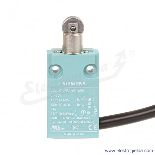 Wyłącznik krańcowy 3SE5413-0CD20-1EA5 1NO1NC popychacz z rolką ze stali nierdzewnej fi 12.5mm, z przewodem 5m Wyłącznik krańcowy 3SE5413-0CD20-1EA5 1NO1NC popychacz z rolką ze stali nierdzewnej fi 12.5mm, z przewodem 5m
