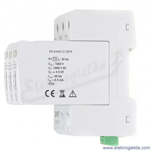 Ogranicznik przepięć warystorowy 85034002 SV C 3P Simtec do instalacji fotowoltaicznych, 20kA, 1000VDC Ogranicznik przepięć warystorowy 85034002 SV C 3P Simtec do instalacji fotowoltaicznych, 20kA, 1000VDC