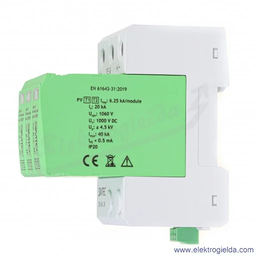 Ogranicznik przepięć 85036002 SV B+C 3P warystorowy Simtec, do instalacji fotowoltaicznych 1000VDC, 20kA Ogranicznik przepięć 85036002 SV B+C 3P warystorowy Simtec, do instalacji fotowoltaicznych 1000VDC, 20kA