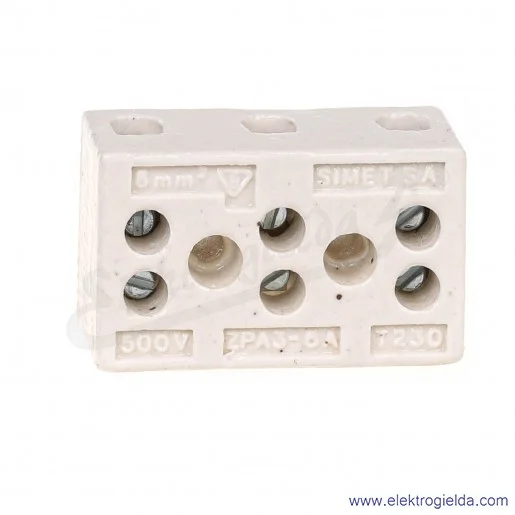 Złączka porcelanowa 44443516, ZPA3-6A T443, 6mm2, 500V, 41A, 3 tory, 6 zacisków Złączka porcelanowa 44443516, ZPA3-6A T443, 6mm2, 500V, 41A, 3 tory, 6 zacisków