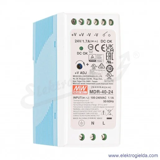 Zasilacz impulsowy MDR-40-24 napięcie zasilania 85..264VAC lub 120..370VDC, napięcie wyjściowe 24VDC, moc 40W, prąd 1.7A, montaż Zasilacz impulsowy MDR-40-24 napięcie zasilania 85..264VAC lub 120..370VDC, napięcie wyjściowe 24VDC, moc 40W, prąd 1.7A, montaż