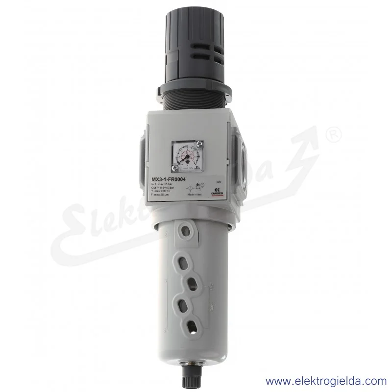 Filtroreduktor MX3-1-FR0004, G1, zakres regulacji 0.5-10 Bar, filtracja 25 µm, przepływ 11000 l/min, wbudowany manometr 0-12 Bar Filtroreduktor MX3-1-FR0004, G1, zakres regulacji 0.5-10 Bar, filtracja 25 µm, przepływ 11000 l/min, wbudowany manometr 0-12 Bar