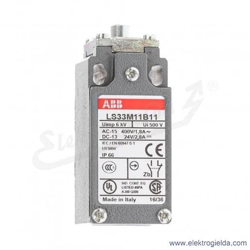 Wyłącznik krańcowy 1SBV013811R1211 LS33M11B11 1NO+1NC, trzpień wciskany metalowy, IP65, M20, wymiary 30.3x55x30mm Wyłącznik krańcowy 1SBV013811R1211 LS33M11B11 1NO+1NC, trzpień wciskany metalowy, IP65, M20, wymiary 30.3x55x30mm