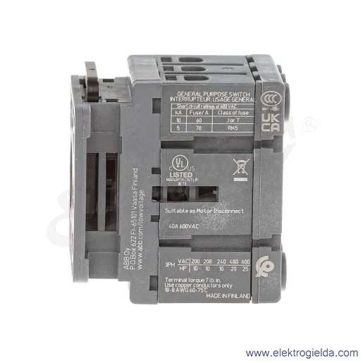 Rozłącznik izolacyjny OT40FT3 40A 3P napęd z przodu, bez wałka i rączki mocowane na drzwiach Rozłącznik izolacyjny OT40FT3 40A 3P napęd z przodu, bez wałka i rączki mocowane na drzwiach