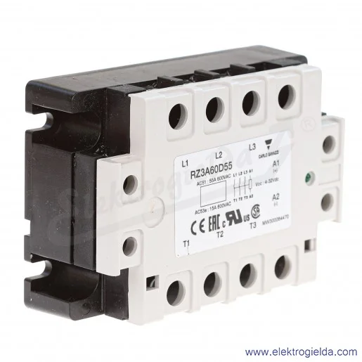 Przekaźnik półprzewodnikowy RZ3A60D55 3-fazowy, napięcie przełączające 42..660VAC, napięcie sterujące 4..32VDC, prąd maksymalny Przekaźnik półprzewodnikowy RZ3A60D55 3-fazowy, napięcie przełączające 42..660VAC, napięcie sterujące 4..32VDC, prąd maksymalny