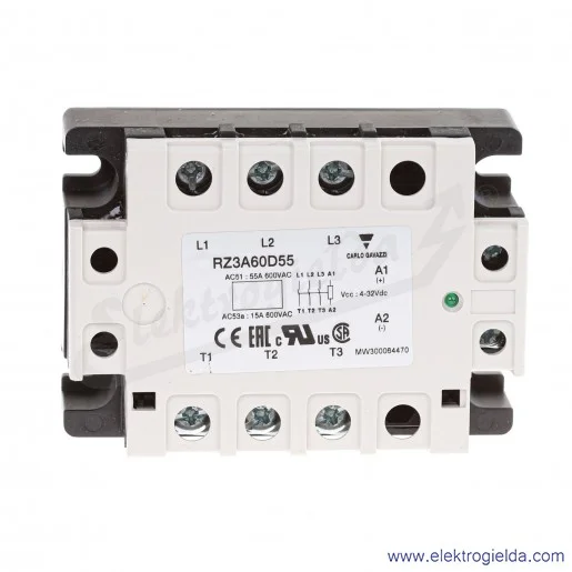 Przekaźnik półprzewodnikowy RZ3A60D55 3-fazowy, napięcie przełączające 42..660VAC, napięcie sterujące 4..32VDC, prąd maksymalny Przekaźnik półprzewodnikowy RZ3A60D55 3-fazowy, napięcie przełączające 42..660VAC, napięcie sterujące 4..32VDC, prąd maksymalny