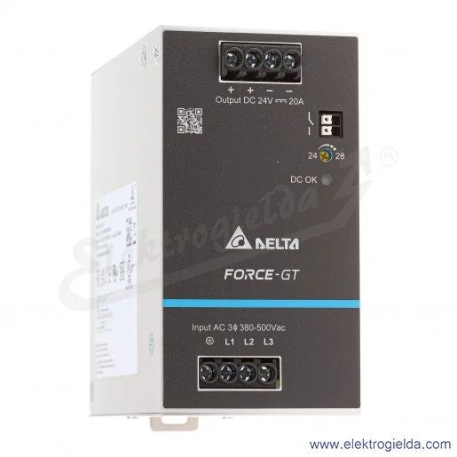 Zasilacz DRF-24V480W3GBA napięcie zasilania 3x320..575VAC lub 2x340..575VAC, napięcie wyjściowe 24VDC 20A, moc 480W, zaciski śru Zasilacz DRF-24V480W3GBA napięcie zasilania 3x320..575VAC lub 2x340..575VAC, napięcie wyjściowe 24VDC 20A, moc 480W, zaciski śru