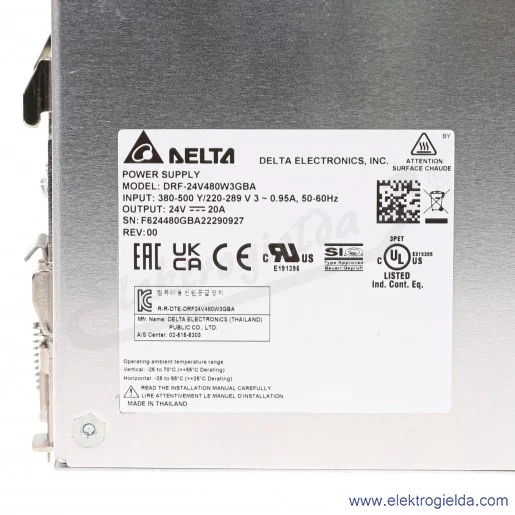 Zasilacz DRF-24V480W3GBA napięcie zasilania 3x320..575VAC lub 2x340..575VAC, napięcie wyjściowe 24VDC 20A, moc 480W, zaciski śru Zasilacz DRF-24V480W3GBA napięcie zasilania 3x320..575VAC lub 2x340..575VAC, napięcie wyjściowe 24VDC 20A, moc 480W, zaciski śru