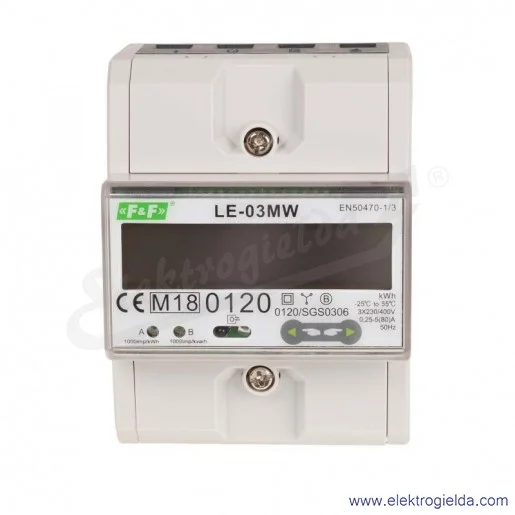 Licznik energii elektrycznej LE-03MW trójfazowy, RS-485, Dyrektywa MID 2014/32/EC, 0120/SGS0306, Norma EN50470-1/3 Licznik energii elektrycznej LE-03MW trójfazowy, RS-485, Dyrektywa MID 2014/32/EC, 0120/SGS0306, Norma EN50470-1/3