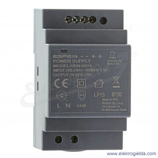 HDN-6024 (Din Rail Power Supply) 100-240VAC 24V 2,5A HDN-6024 (Din Rail Power Supply) 100-240VAC 24V 2,5A