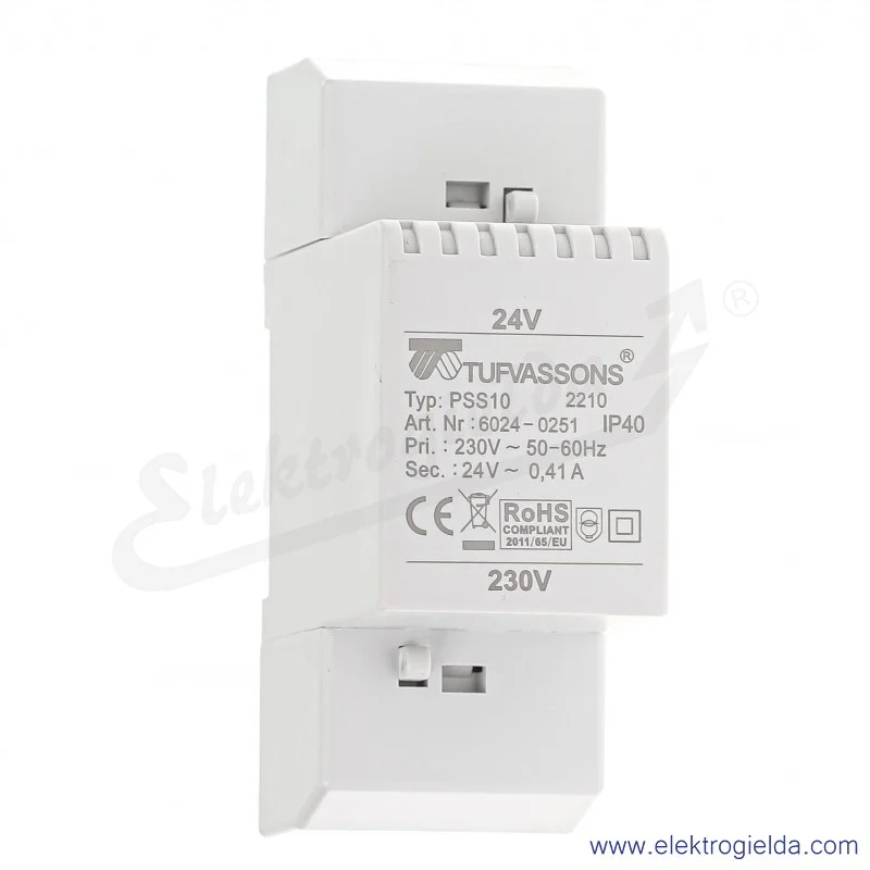 Transformator bezpieczeństwa w obudowie PSS 10 230/24V do montażu na szynie DIN moc 10VA z uzwojeniem pierwotnym na napięcie 230 Transformator bezpieczeństwa w obudowie PSS 10 230/24V do montażu na szynie DIN moc 10VA z uzwojeniem pierwotnym na napięcie 230