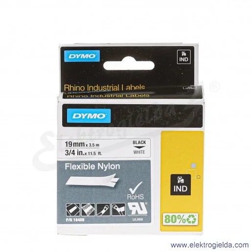 Taśma Dymo S0718120 18489 19mm x 3.5m biały/czarny nylonowa czarny nadruk biała taśma Taśma Dymo S0718120 18489 19mm x 3.5m biały/czarny nylonowa czarny nadruk biała taśma
