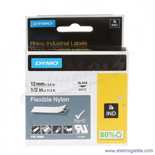 Taśma Dymo S0718100 12mm długość 3.5m czarny/biały nylonowa biała taśma czarny nadruk Taśma Dymo S0718100 12mm długość 3.5m czarny/biały nylonowa biała taśma czarny nadruk