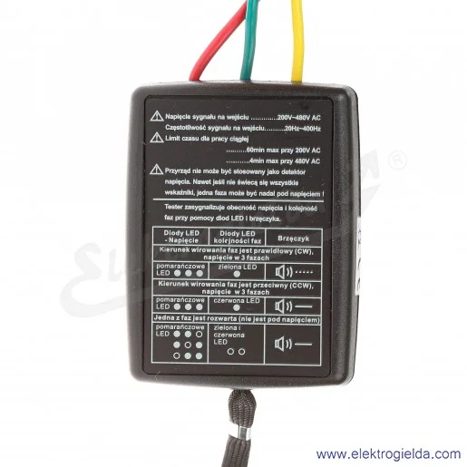 Tester kolejności faz 111565 EM850 200...480VAC normy PN-EN61010-1 CAT II 600V EnergyLab Tester kolejności faz 111565 EM850 200...480VAC normy PN-EN61010-1 CAT II 600V EnergyLab