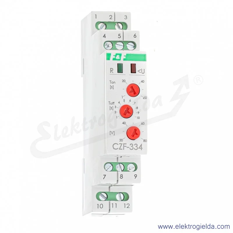 Przekaźnik kontroli faz CZF-334 TRMS z regulowanym progiem asymetrii 20..80V, zasilanie 3x400V,  styki separowane 2NO2NC, True R Przekaźnik kontroli faz CZF-334 TRMS z regulowanym progiem asymetrii 20..80V, zasilanie 3x400V,  styki separowane 2NO2NC, True R