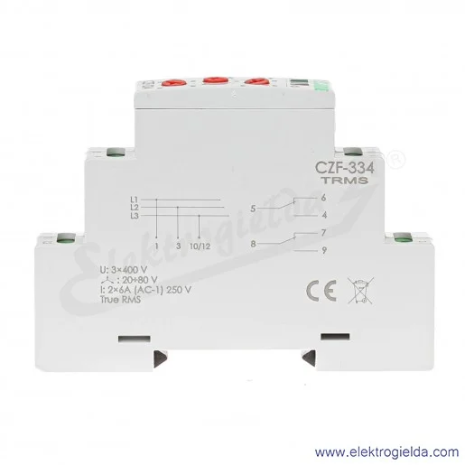 Przekaźnik kontroli faz CZF-334 TRMS z regulowanym progiem asymetrii 20..80V, zasilanie 3x400V,  styki separowane 2NO2NC, True R Przekaźnik kontroli faz CZF-334 TRMS z regulowanym progiem asymetrii 20..80V, zasilanie 3x400V,  styki separowane 2NO2NC, True R