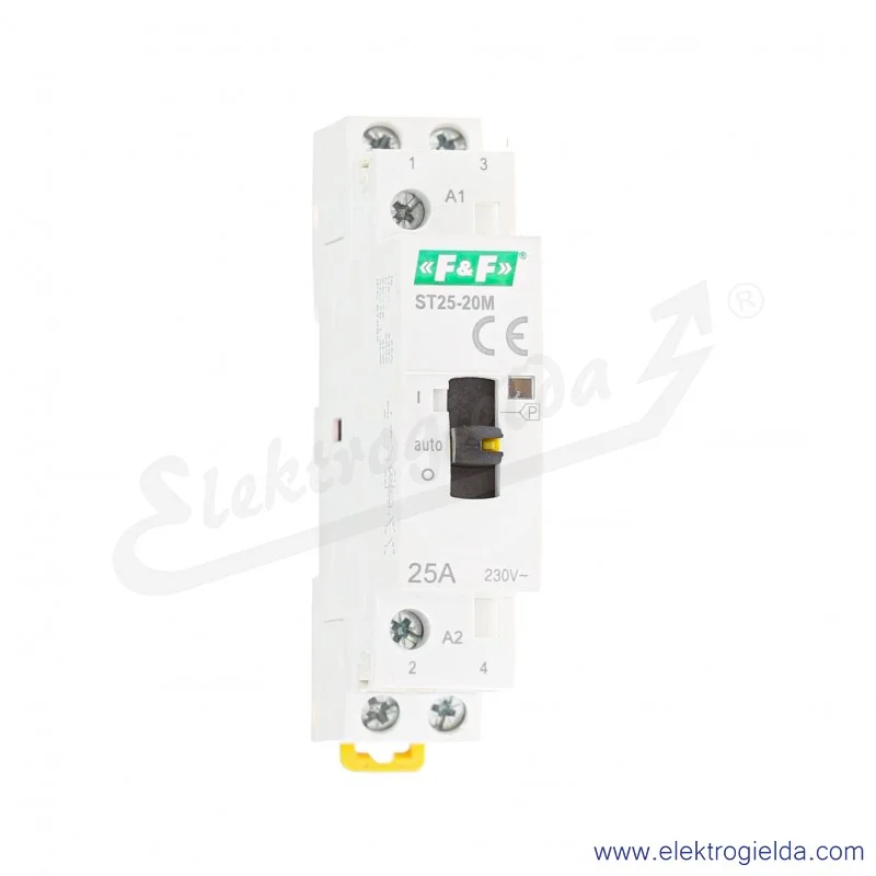 Stycznik modułowy ST25-20-M ze sterowaniem ręcznym, styki 2NO, I 25A, napięcie cewki 230VAC, 1 moduł Stycznik modułowy ST25-20-M ze sterowaniem ręcznym, styki 2NO, I 25A, napięcie cewki 230VAC, 1 moduł