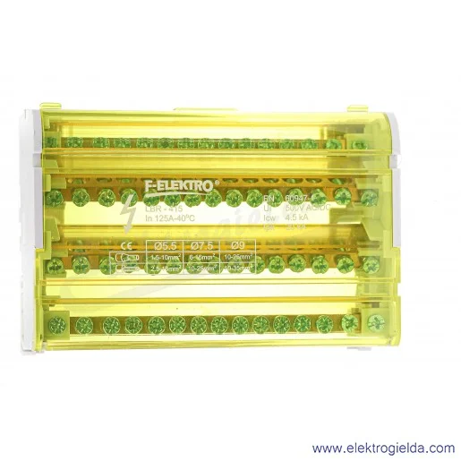 Blok rozdzielczy F2.0045 LBR-415 15 otworów, 2x35mm2, 2x25mm2, 11x16mm2 żółty Blok rozdzielczy F2.0045 LBR-415 15 otworów, 2x35mm2, 2x25mm2, 11x16mm2 żółty
