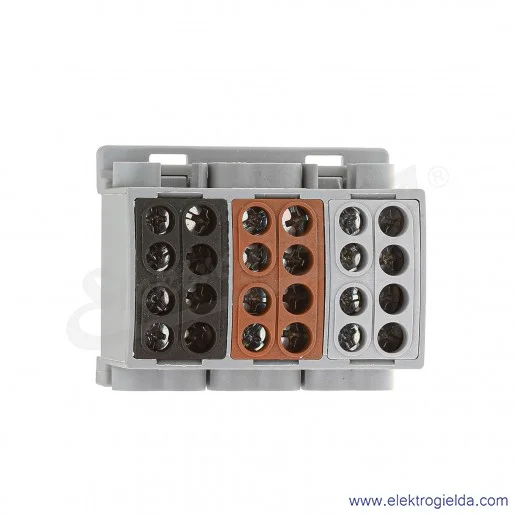 Blok rozdzielczy F2.0385 HLK 3x100A-2 zacisk 3x16, 3x25, brązowy/szary/czarny wymiar 49x59x36mm Blok rozdzielczy F2.0385 HLK 3x100A-2 zacisk 3x16, 3x25, brązowy/szary/czarny wymiar 49x59x36mm