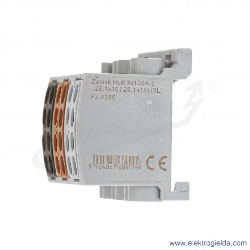 Blok rozdzielczy F2.0385 HLK 3x100A-2 zacisk 3x16, 3x25, brązowy/szary/czarny wymiar 49x59x36mm Blok rozdzielczy F2.0385 HLK 3x100A-2 zacisk 3x16, 3x25, brązowy/szary/czarny wymiar 49x59x36mm