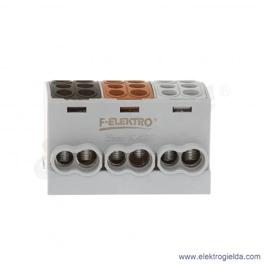 Blok rozdzielczy F2.0385 HLK 3x100A-2 zacisk 3x16, 3x25, brązowy/szary/czarny wymiar 49x59x36mm Blok rozdzielczy F2.0385 HLK 3x100A-2 zacisk 3x16, 3x25, brązowy/szary/czarny wymiar 49x59x36mm