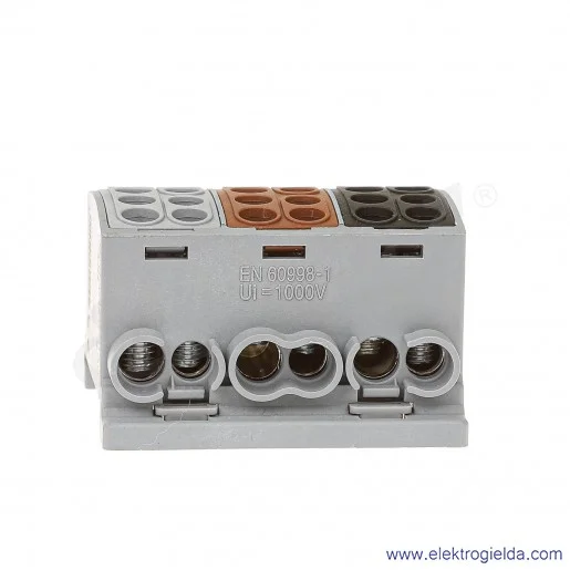 Blok rozdzielczy F2.0385 HLK 3x100A-2 zacisk 3x16, 3x25, brązowy/szary/czarny wymiar 49x59x36mm Blok rozdzielczy F2.0385 HLK 3x100A-2 zacisk 3x16, 3x25, brązowy/szary/czarny wymiar 49x59x36mm