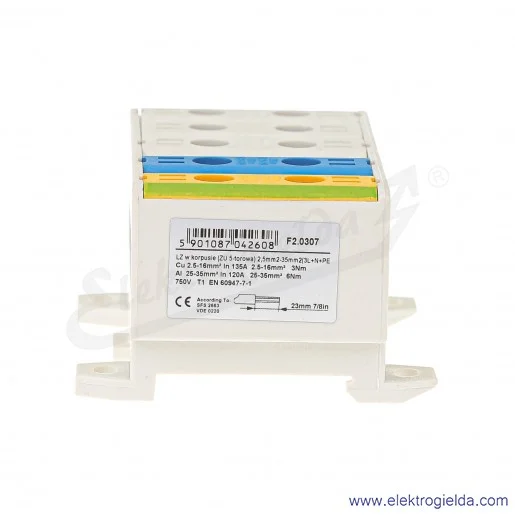 Złączka szynowa śrubowa F2.0307 LZ w korpusie ZU 5-torowa 5x35mm 3L+N+PE Złączka szynowa śrubowa F2.0307 LZ w korpusie ZU 5-torowa 5x35mm 3L+N+PE