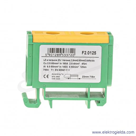 Złączka szynowa śrubowa F2.0125 LZ w korpusie ZU 1-torowa 2,5-50mm żółto-zielona Złączka szynowa śrubowa F2.0125 LZ w korpusie ZU 1-torowa 2,5-50mm żółto-zielona