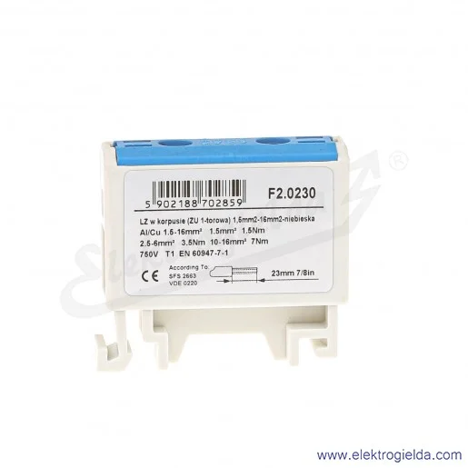 Złączka szynowa śrubowa F2.0230 LZ w korpusie ZU 1-torowa 1,5-16mm niebieska Złączka szynowa śrubowa F2.0230 LZ w korpusie ZU 1-torowa 1,5-16mm niebieska