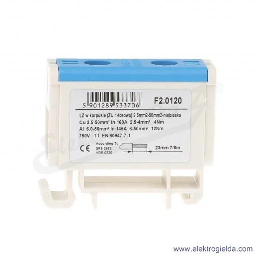 Złączka szynowa śrubowa F2.0120 LZ w korpusie ZU 1-torowa 2,5-50mm niebieska Złączka szynowa śrubowa F2.0120 LZ w korpusie ZU 1-torowa 2,5-50mm niebieska