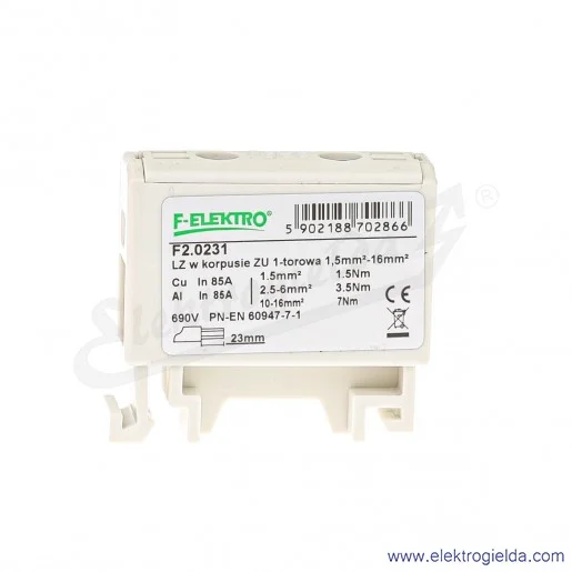 Złączka szynowa śrubowa F2.0231 LZ w korpusie ZU 1-torowa 1,5-16mm szara Złączka szynowa śrubowa F2.0231 LZ w korpusie ZU 1-torowa 1,5-16mm szara