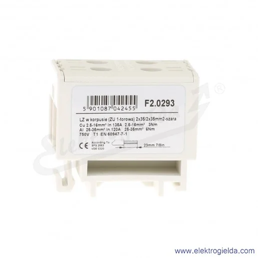 Złączka szynowa śrubowa F2.0293 LZ w korpusie ZU 2x35mm żółto-zielona Złączka szynowa śrubowa F2.0293 LZ w korpusie ZU 2x35mm żółto-zielona