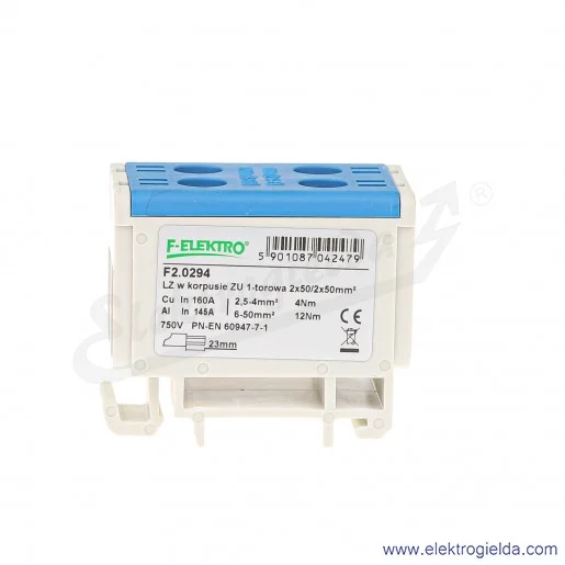 Złączka szynowa śrubowa F2.0294 LZ w korpusie ZU 2x50mm niebieska Złączka szynowa śrubowa F2.0294 LZ w korpusie ZU 2x50mm niebieska