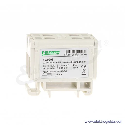 Złączka szynowa śrubowa F2.0295 LZ w korpusie ZU 2x50mm szara Złączka szynowa śrubowa F2.0295 LZ w korpusie ZU 2x50mm szara