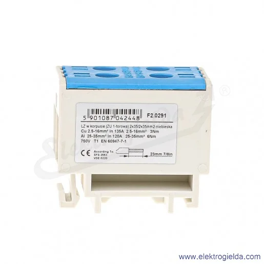 Złączka szynowa śrubowa F2.0291 LZ w korpusie ZU 2x35mm niebieska Złączka szynowa śrubowa F2.0291 LZ w korpusie ZU 2x35mm niebieska