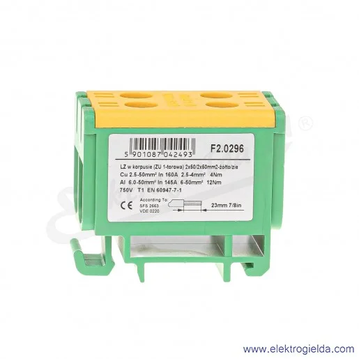 Złączka szynowa śrubowa F2.0296 LZ w korpusie ZU 2x50mm żółto-zielona Złączka szynowa śrubowa F2.0296 LZ w korpusie ZU 2x50mm żółto-zielona