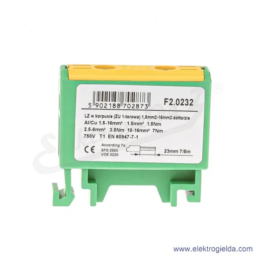 Złączka szynowa F2.0232 LZ w korpusie ZU 1-torowa 1,5-16mm żółto-zielona Złączka szynowa F2.0232 LZ w korpusie ZU 1-torowa 1,5-16mm żółto-zielona
