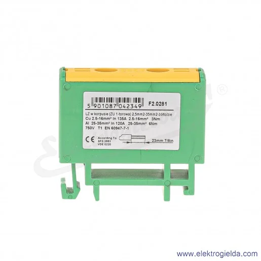 Złączka szynowa śrubowa F2.0281 LZ w korpusie ZU 1-torowa 2,5-35mm żółto-zielona Złączka szynowa śrubowa F2.0281 LZ w korpusie ZU 1-torowa 2,5-35mm żółto-zielona